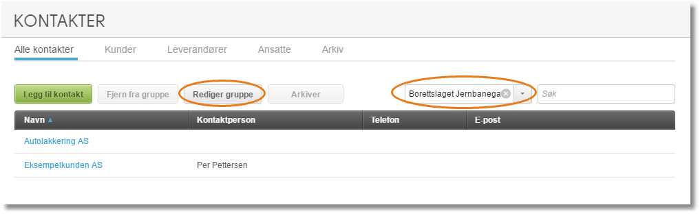 Kontakter-liste med Rediger gruppe og Borettslaget Jembanega markert for filtrering