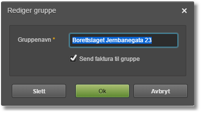 Dialogboks Rediger gruppe med Gruppenavn «Boretslaget Jørnbanegata 23» og Send faktura til gruppe avkrysset