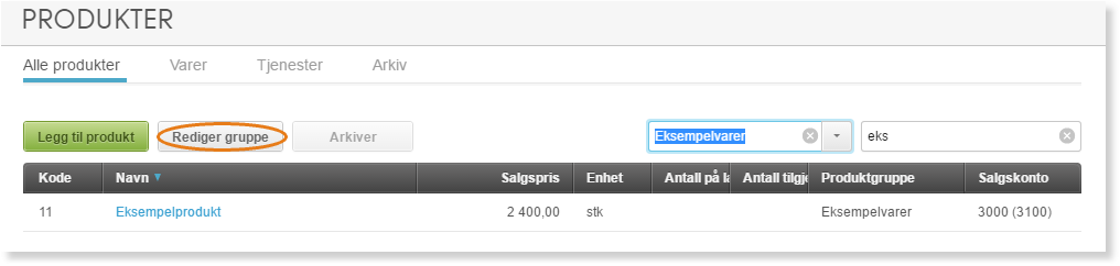 Produkter-oversikt med Eksempelvarer-filter aktivt, tabellrad: kode 11, Eksempelprodukt, pris 2 400,00, gruppe Eksempelvarer