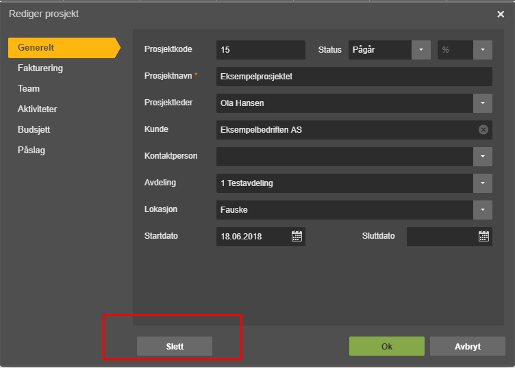 Rediger prosjekt → Generelt: Kode 15, Navn Eksempelprojektet, Kunde Eksempelbedriften AS, Start 18.06.2018. Slett, Ok, Avbryt