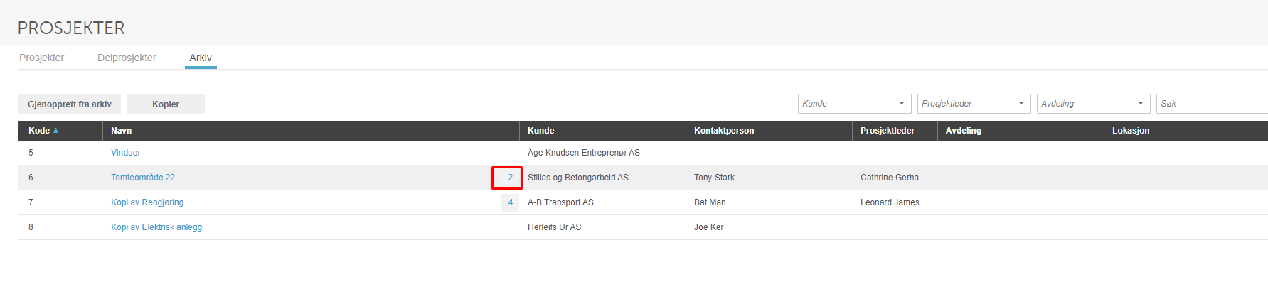 Arkiverte prosjekter (kode 5-8) med navn, kunde, kontakt og prosjektleder. Rad 6 viser rodt felt i Kunde-kolonne.
