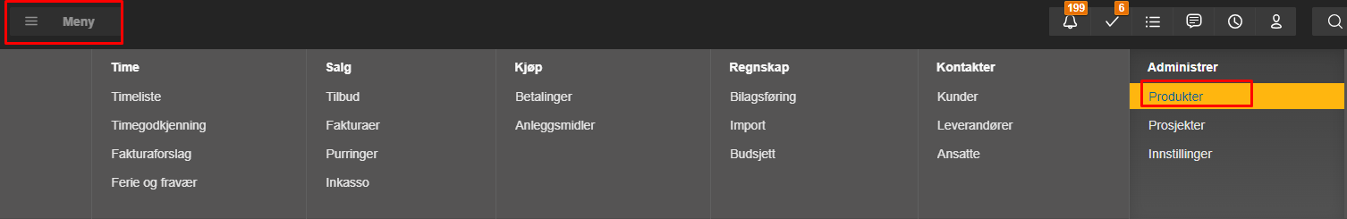 Hovedmeny PowerOffice Go: Time, Salg, Kjøp, Regnskap, Kontakter, Administrer. Produkter aktivert.