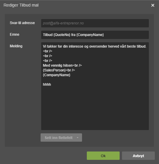 Dialogboks Rediger Tilbud mal med Svar-til adresse, Emne og HTML-formatert Melding-felt