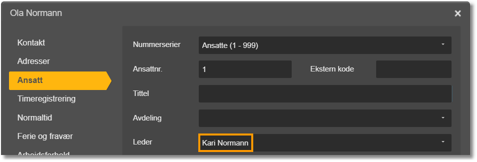 Kontakt Ola Normann, Ansatt-fanen: Ansattnr. 1, Leder satt til Kari Normann