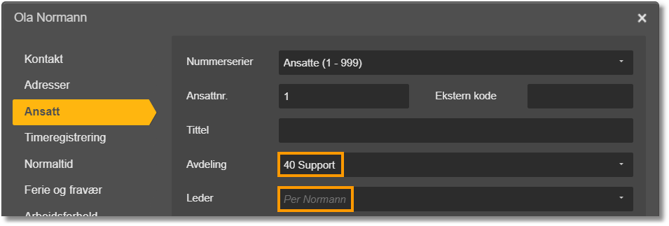 Kontakt Ola Normann, Ansatt-fanen: ansattnr 1, avdeling «40 Support», leder «Per Normann»