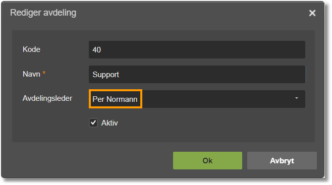 Dialogboks Rediger avdeling: Kode 40, Navn Support, Avdelingsleder Per Normann, Aktiv avkrysset