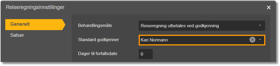 Reisereguleringsinnstillinger, Generelt: Standard godkjenner satt til Kari Normann