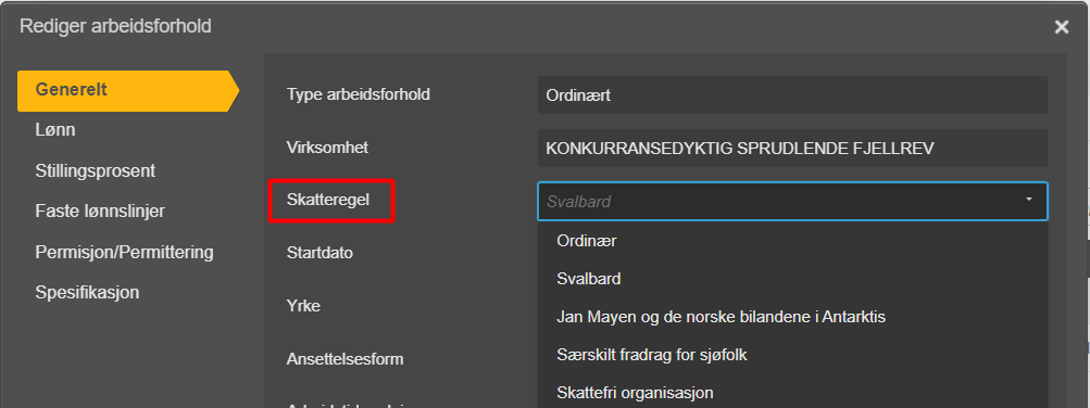 Dialogboks Rediger arbeidsforhold, Generelt-fane: Skatteregel markert, Ordinært-feltet viser Svalbard-dropdown åpen