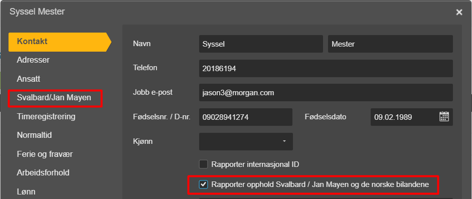 Syssel Mester kontaktinformasjon med «Rapporter opphold Svalbard/Jan Mayen» avkrysset