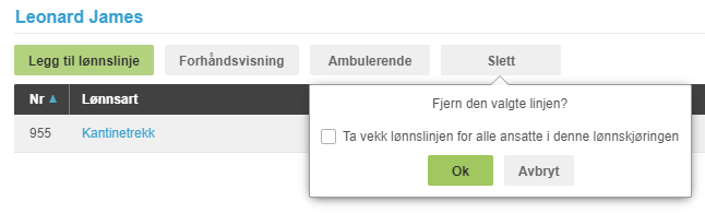 Slettedialog: Fjern kantinetrekk-linje 955 fra Leonard James? Valg for massesletting av lønnslinjen.