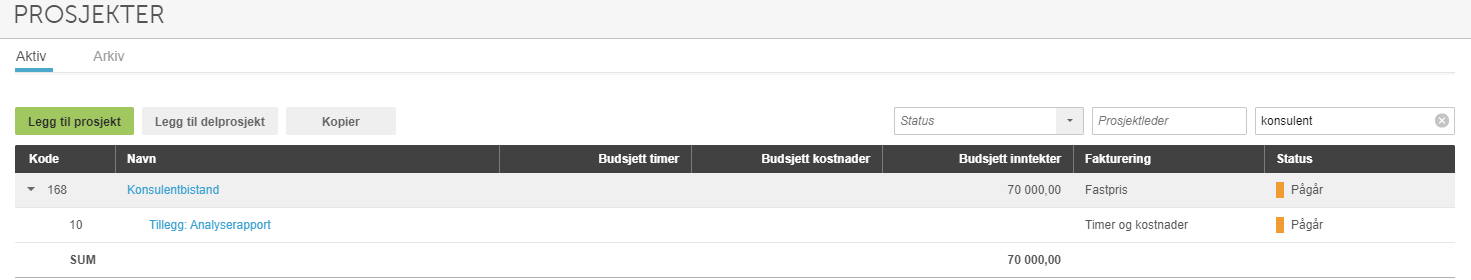 Prosjektliste med hovedprosjekt 168 Konsulentbistand (70 000 kr budsjett, Pågår) og delprojekt 10