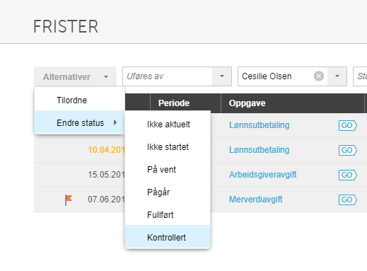 Frister-meny med Periode-filter: Ikke aktuelt, Ikke startet, På vent, Pågar, Fullført, Kontrollert