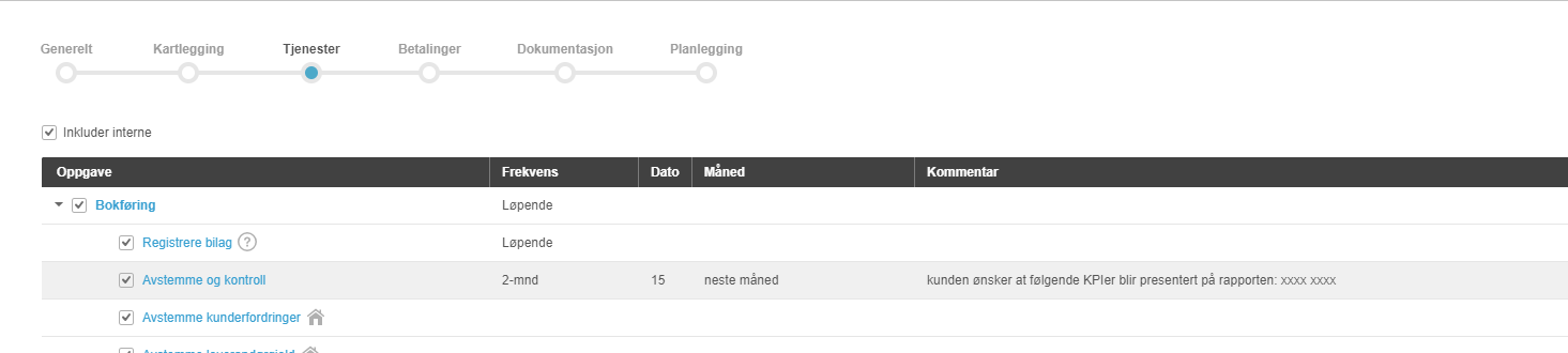 Faktureringsprosess → Tjenester: Bokføring, Registrere bilag, Avstemme kontroll, Kundefordringer