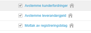 Tre aktiverte innstillinger: Avstemme kundefordringer, Avstemme leverandørgjeld, Mottak av registreringsbillag