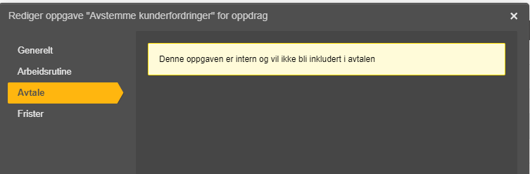 Oppgavedialog Systemme kundefordringer, Avtale-fanen, advarsel om intern oppgave