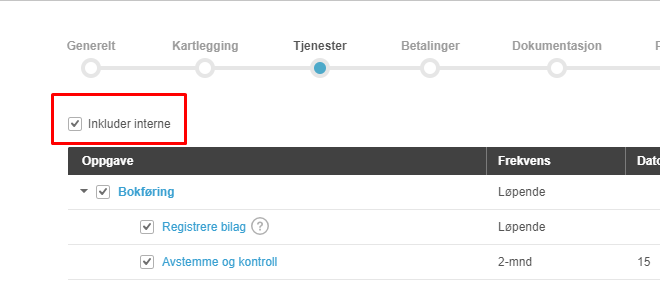 Arbeidsflyt-trinn: Inkluder interne, Bokføring, Registrere bilag, Avstemme og kontroll med frekvenser