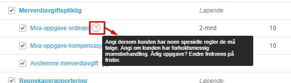 Mva-merknader: Avmerkingsbokser for ordinær og kompensasjon. Hjelpeikonet viser mva-dagbokpliktighet og frister.