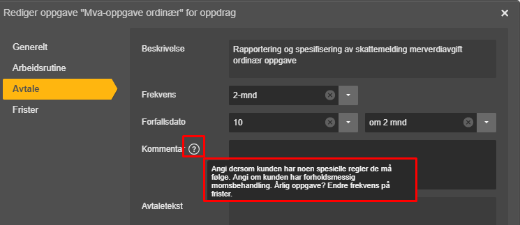 Avtale-fanen i mva-oppgave med varsel: kunde mangler skatteregler for månedlig innsending