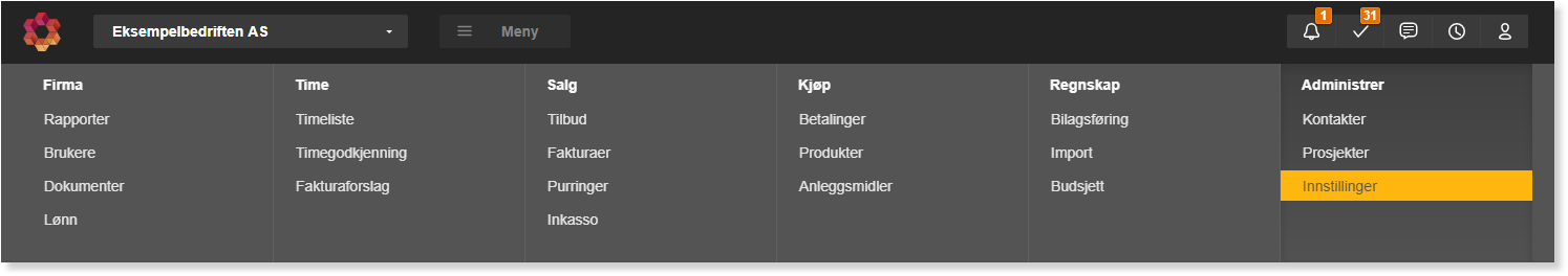 PO Go hovedmeny: Firma, Time, Salg, Kjøp, Regnskap, Administrer. Innstillinger markert