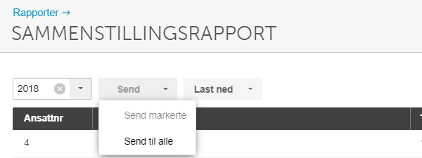 Sammenstillingsrapport 2018, Ansattnr-kolonne, Send-meny med «Send markerte» og «Send til alle»