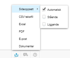 Eksportmeny med valg: Sideoppstelt, CSV-delafilt, Excel, PDF, E-post, Dokumenter