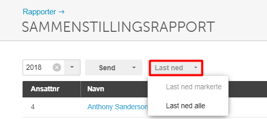 Sammenstillingsrapport 2018. Last ned-dropdown åpnet med valgene: Last ned markerte og Last ned alle