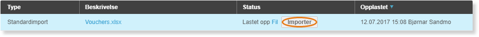 Tabell: Standardimport Vouchers.xlsx, status Lastet opp FI, Importer-knapp, 12.07.2017 15:08