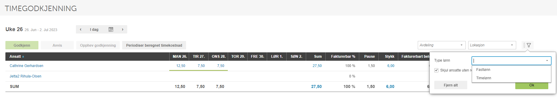 Timegodkjenning uke 26 med tabell over timeposter og åpen filterDialog for lønntype