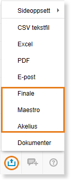Eksportmeny: Sideopsett, CSV, Excel, PDF, E-post, Finale, Maestro, Akelius, Dokumenter