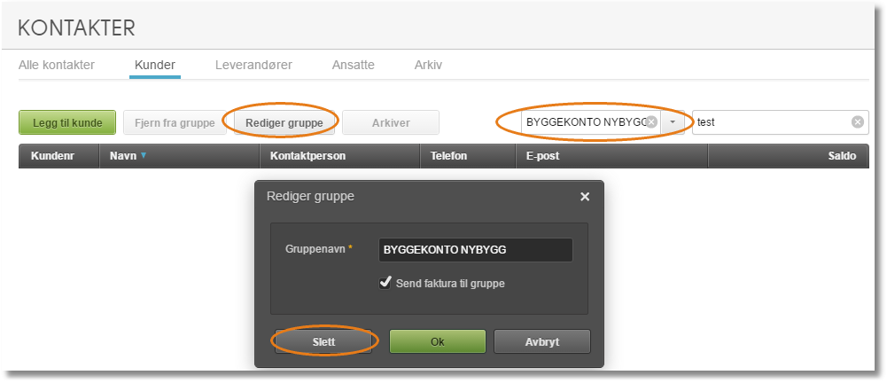 Rediger gruppe-dialogboks med gruppenavn «BYGGEKONTO NYBYYGG» og Send faktura-avmerkbar