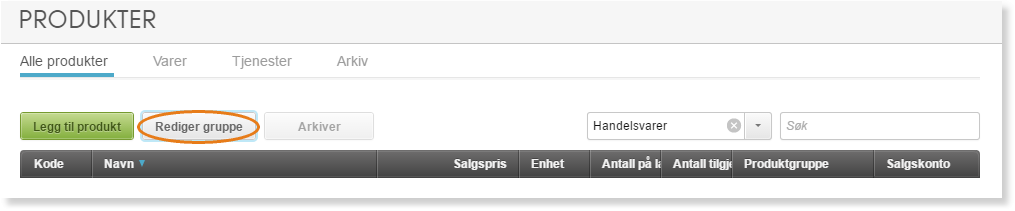 Produkter-faner: Alle produkter, Varer, Tjenester, Arkiv. Knapper: Legg til produkt, Rediger gruppe, Arkiver