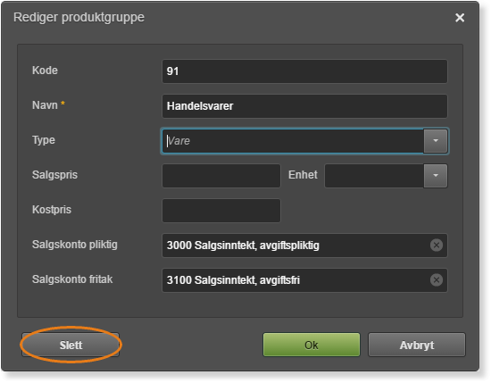 Dialogboks Rediger produktgruppe: Handelsvarer, Vare-type, kontoer 3000 og 3100, Ok/Avbryt-knapper