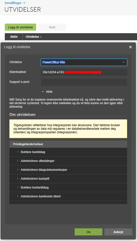 Legg til utvidelse: PowerOffice Win → Klientnøkkel, Aktiv, Privilegebeskrivelser (Boktøre bankbilag, Administrere budsjett)