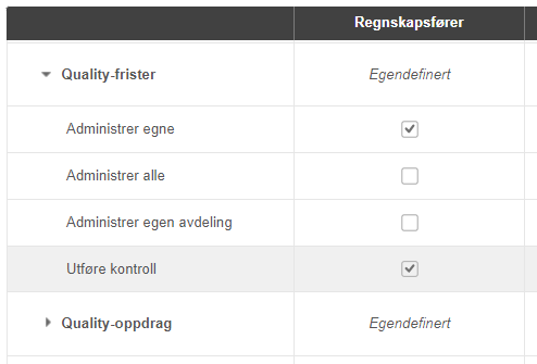 Quality-frister og Quality-oppdrag → Tillatelser: Administrere egne ✓, Utføre kontroll ✓