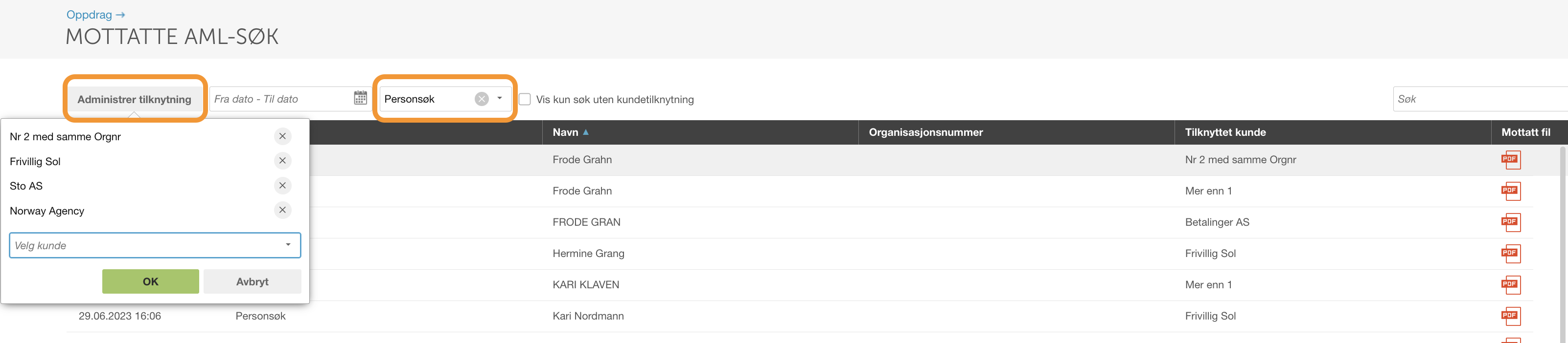 Administrer tilknytning-dialogboks: Personsøk-filter, liste over organisasjoner med fjerningskryss, OK og Avbryt-knapper