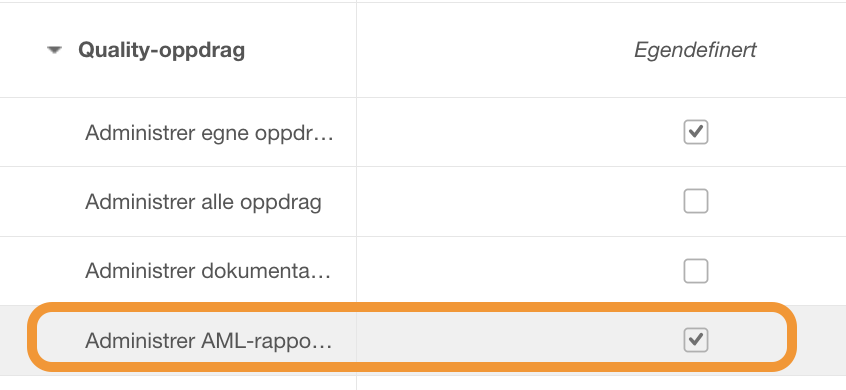Quality-oppdrag tilgangsrettigheter: Administrer egne oppdrag og AML-rapporter avkrysset, andre uavkrysset