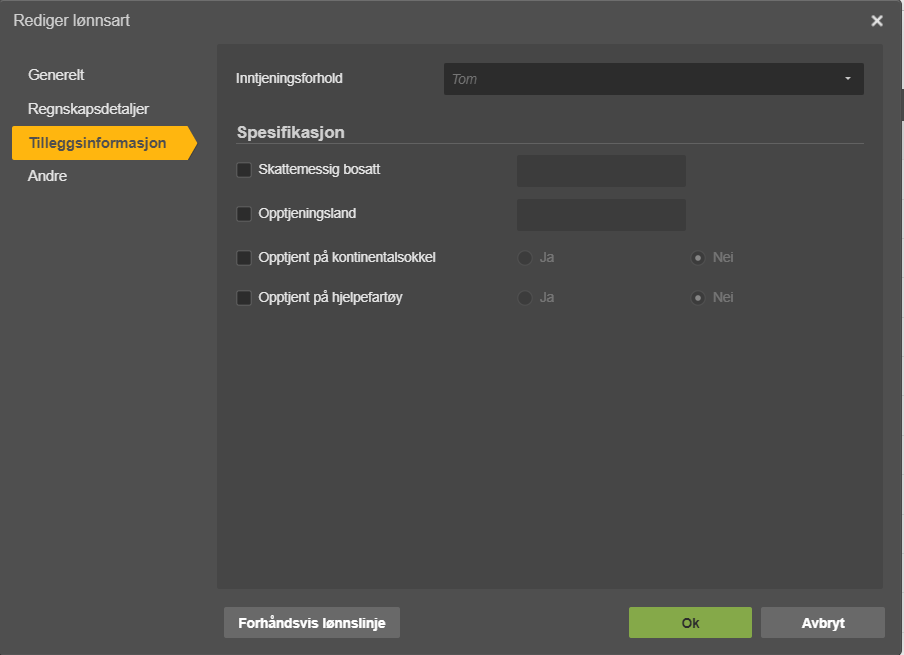 Dialogboks Rediger lønnsart, Tilleggsinformasjon-fane med inntjeningsforhold og spesifikasjonsalternativer