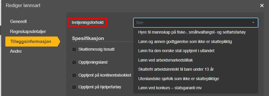 Redigier lønnsart, Tilleggsinformasjon-fane med rødt Innljeningsforhold-felt og lønnsbeskrivelser