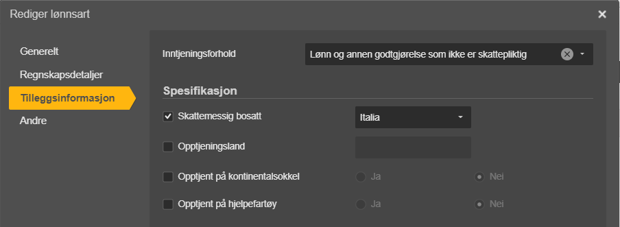 Lønnsart-editor: Tilleggsinformasjon → Spesifikasjon med Skattmessig bosatt (Italia) og tilleggsopsjoner