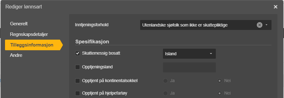 Tilleggsinformasjon → Skattmessig bosatt Island + avkryssingsfelt for Opptjeningsland, Kontinentalsokkel, Hjelpefartøy