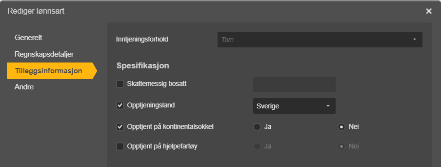 Rediger lønnssart: Tilleggsinformasjon med Opptjeningsland Sverige, Kontinentalsokkel og Hjelpefartøy avslått