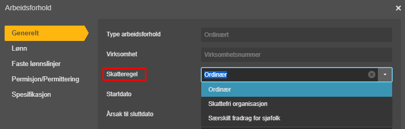 Arbeidsforhold-dialogboks: Type arbeidsforhold, Virksomhet, Skatteregel (rødt), Startdato. Ordinær-dropdown åpnet.