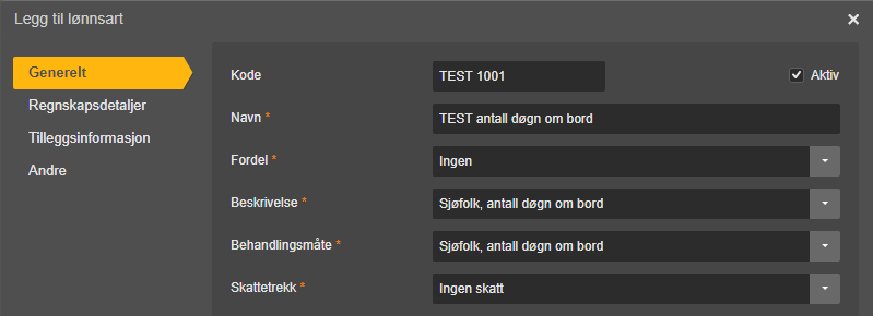 Legg til lønnssart-dialog: Kode TEST 1001, Navn TEST antall degn om bord, Fordel Ingen