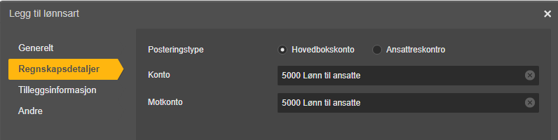 Dialogboks Legg til lønnsart, Regnskapsdetaljer-fane: Konto og Motkonato begge satt til 5000 Lønn til ansatte