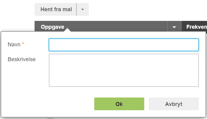 Oppgavedialog med Navn-felt (fokus) og Beskrivelse-felt, Ok og Avbryt-knapper