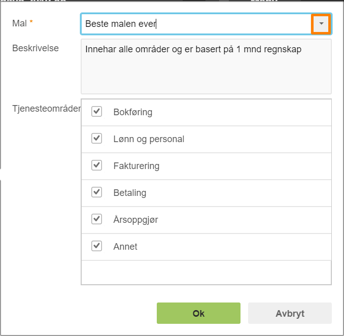 Ny mal-dialogboks: navn «Beste malen ever», 6 tjenesteromrader valgt, Ok og Avbryt