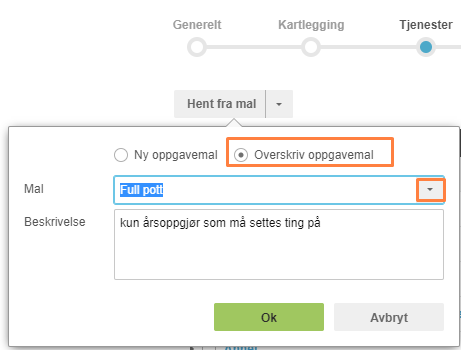 Dialogboks Overskriv oppgavemal: Mal «Full poll» valgt, beskrivelse «kun årsoppgjør som må settes ting på»