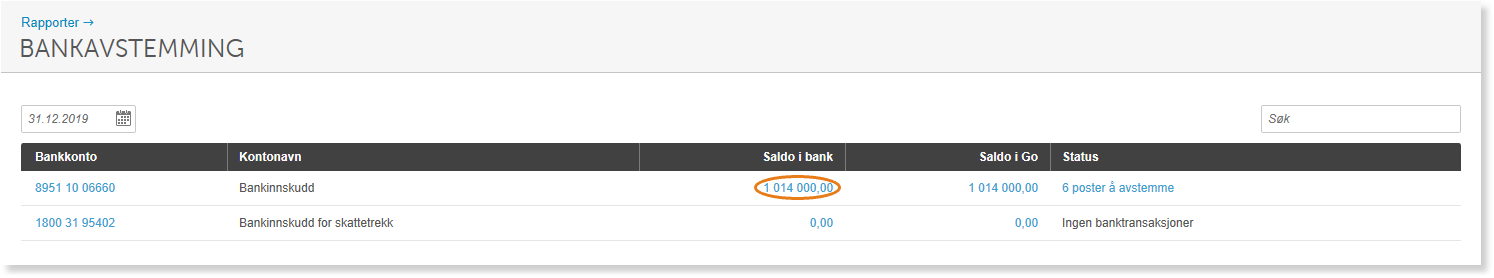 Bankavstemming per 31.12.2019: Konto 8951 10 06660 viser avvik 1 014 000,00 med status '6 poster å avstemme'