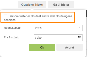 Gå til frister-dialogboks: avmerkingsboks «behold tilordning», regnapsår 2025, startdato, Ok-knapp