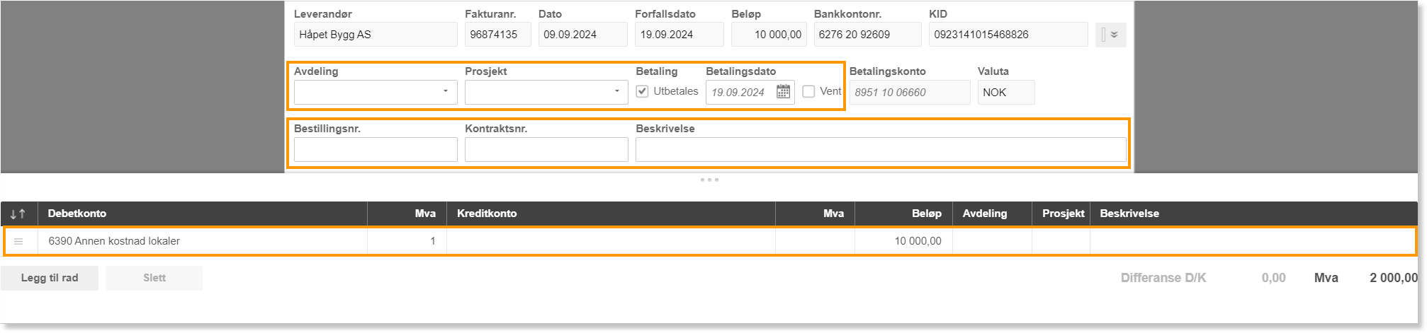 Fakturaavdeling: Konto 6390 Annen kostnad lokaler, beløp 10 000, betalingskonto 8951 10 06660